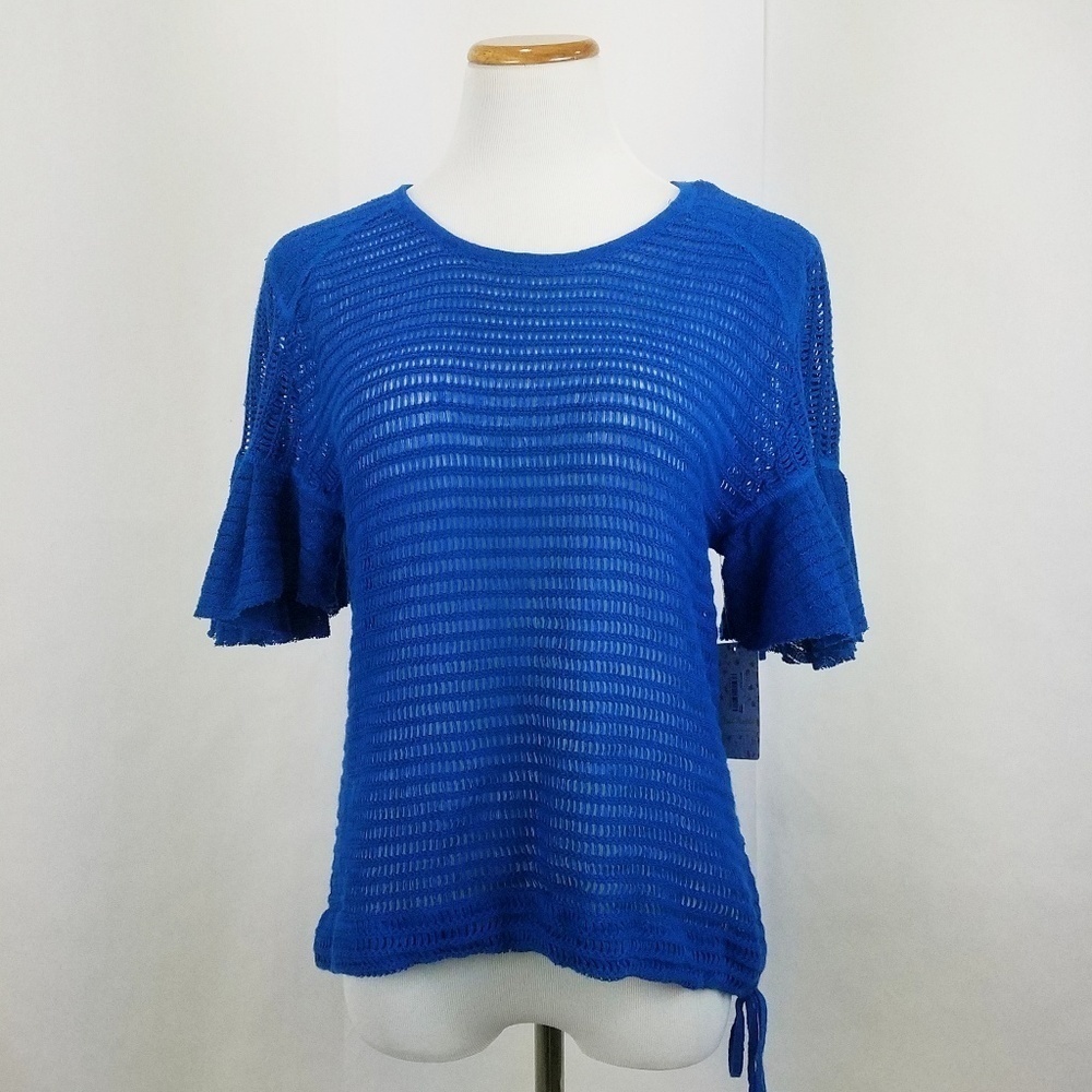 Free People Top Womens Large Blue "Babes Only Tee" Crochet Drawstring Waist